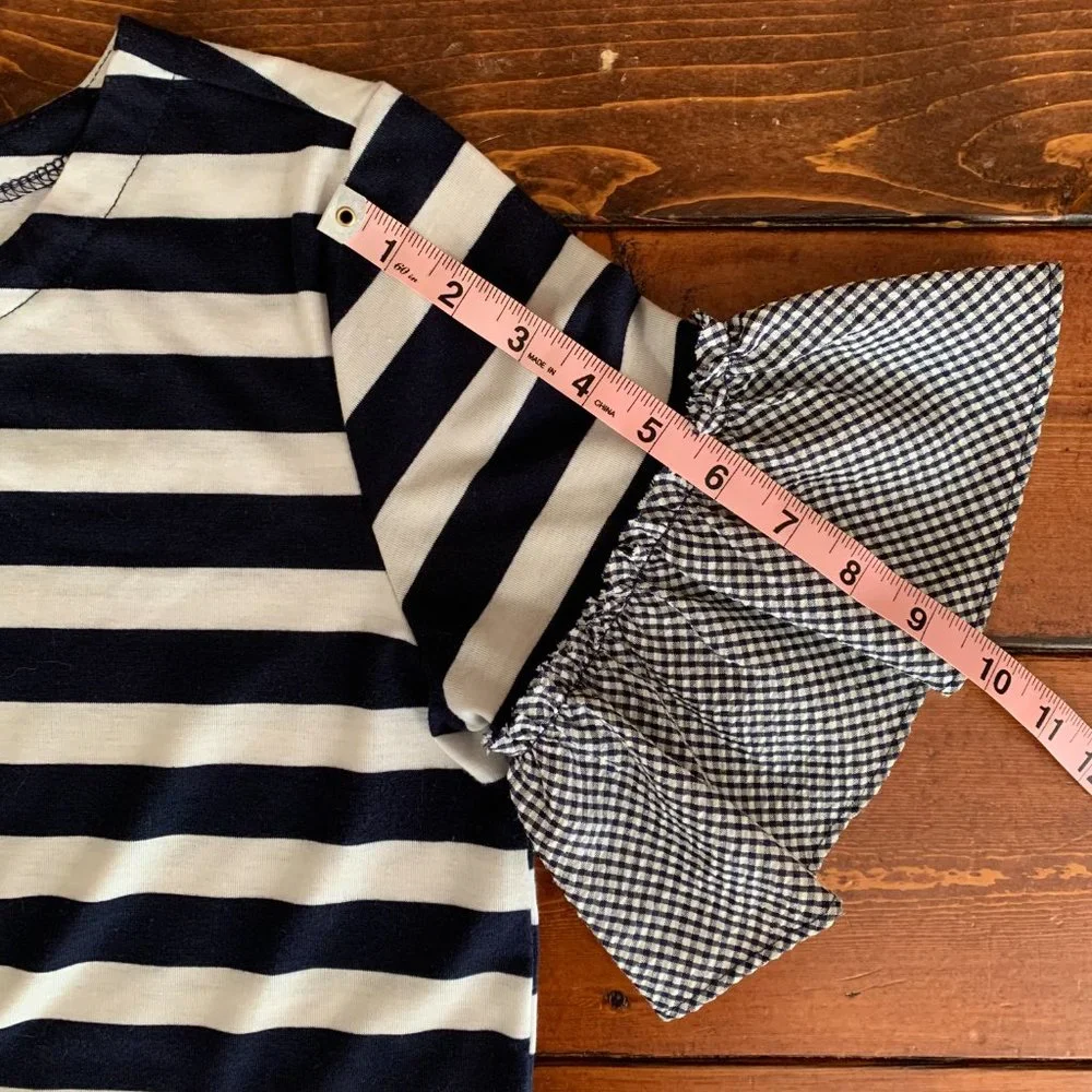 Women's Isela Navy and White Striped Gingham Nautical Ruffled Sleeves Blouse EUC - Picture 11 of 11